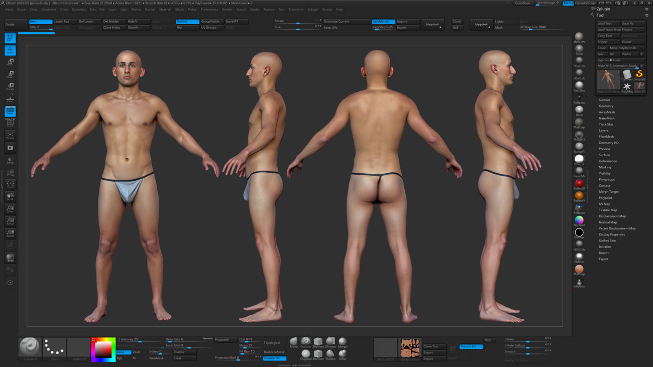 ZBrush ZTool render of a lean male 3D body scan at high subdivision level showing sculptable quad mesh geometry